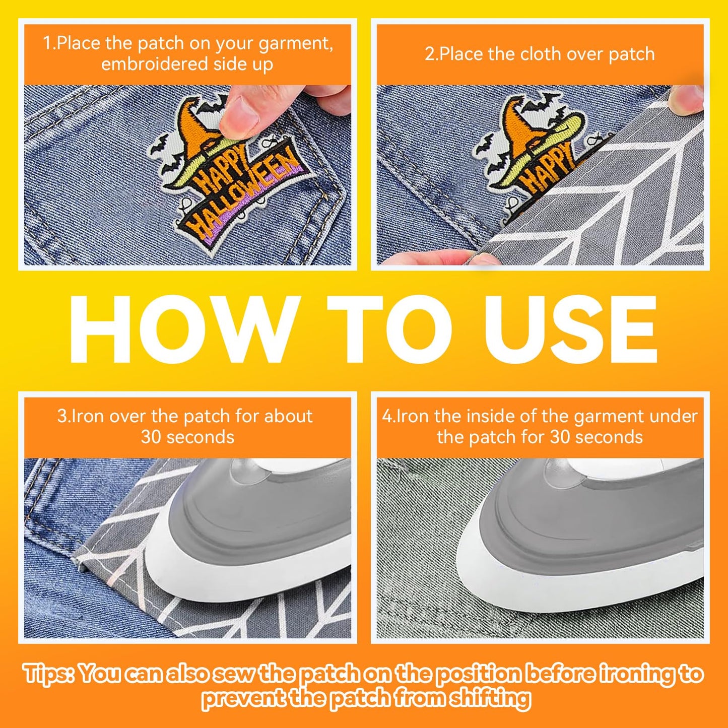 GYGYL 32Pcs Halloween Iron on Patches, Halloween Theme Cute Skull Pumpkin Ghost Black Cat Witch Bats Iron on Embroidered Patch for Jackets Backpacks Clothing