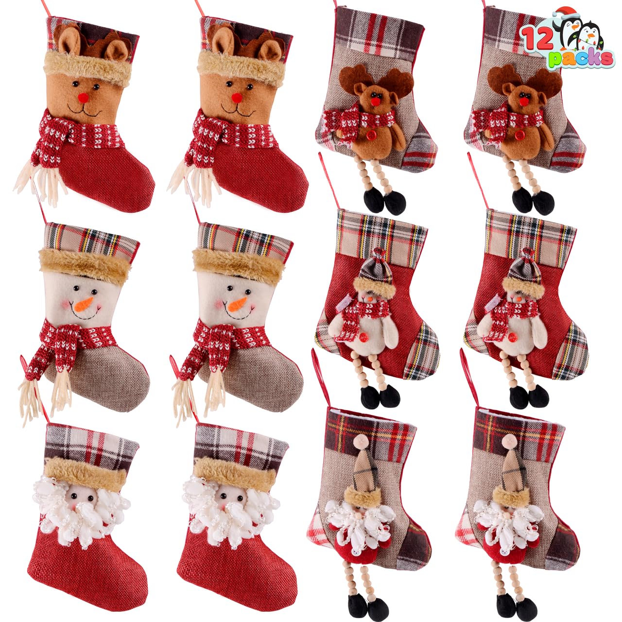 JOYIN 12 Pcs Mini Christmas 3D Bulk Xmas Stockings Santa Snowman Reindeer Burlap Stockings for Present Holders Treat Bags Christmas Tree Decoration Xmas Party Decors