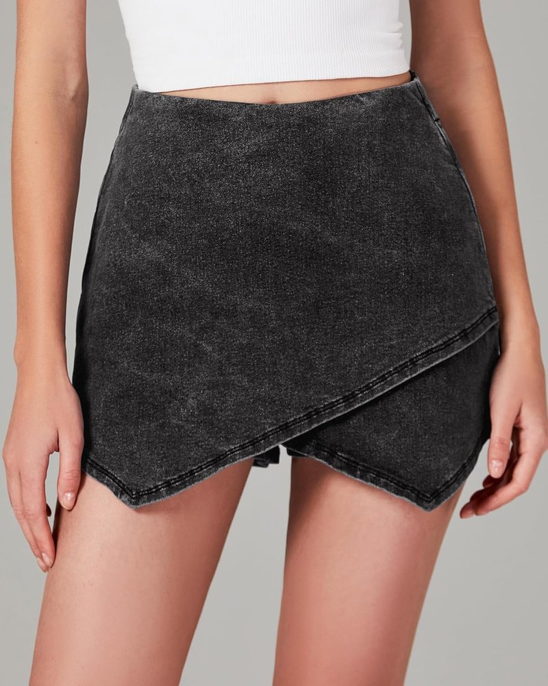 High-Waisted Jean Skorts for Women - Stretchy Denim Wrap Skirt with Shorts | Trendy Asymmetrical Design