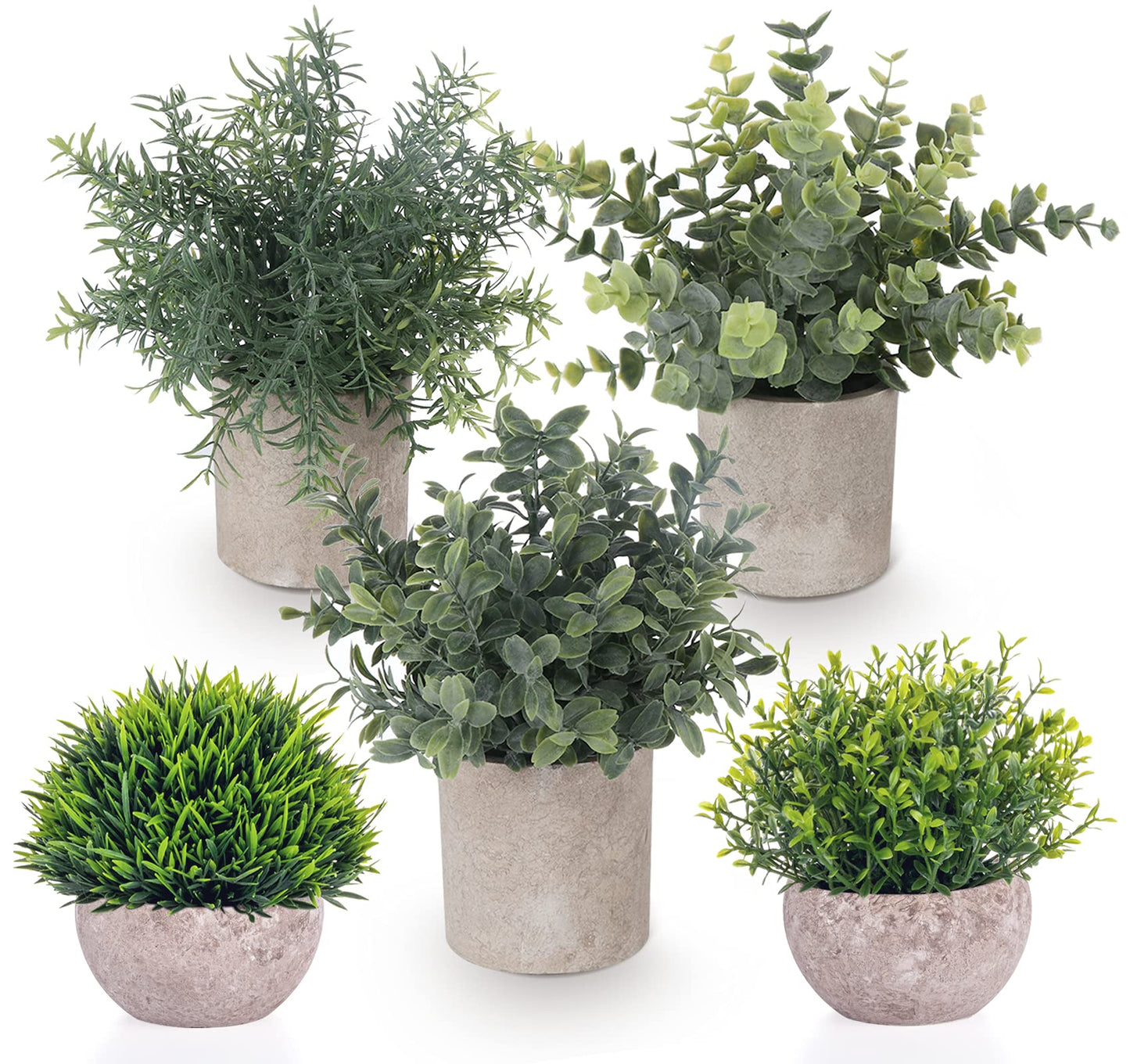 ilauke Set of 5 Mini Potted Artificial Plants Fake Small Eucalyptus Rosemary Greenery Plastic Faux Green Grass Potted Plants Decorative Fake Plant for House Office Balcony Desk Bathroom Decoration