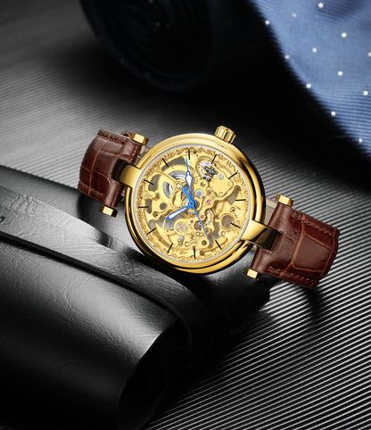 CARLIEN Skeleton Automatic Steampunk Watches Gold-Tone Luminous Hands Leather Strap Wrist-Watch (Gold)