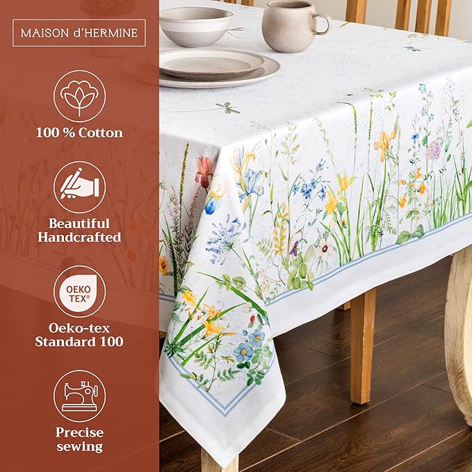Maison d' Hermine Table Cloth Rectangle Table 100% Cotton 60 x 90 Inches Tablecloth Reusable Decorative for Dining Room, Farmhouse, Home, Party, Festive & Wedding Spring Summer - Fleurs De Mai