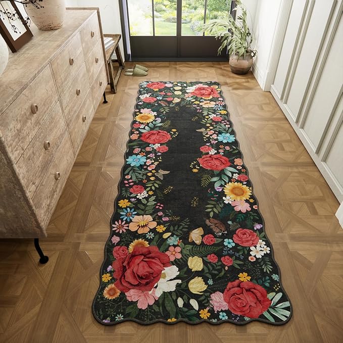 Kitchen Rug Runners for Hallways: 2'6''x8' Washable Runner Rugs for Kitchen Ultra Thin Stain Resistant Non Slip Low Pile Lightweight Vintage Floral Carpet for Laundry Room Decor (Black)