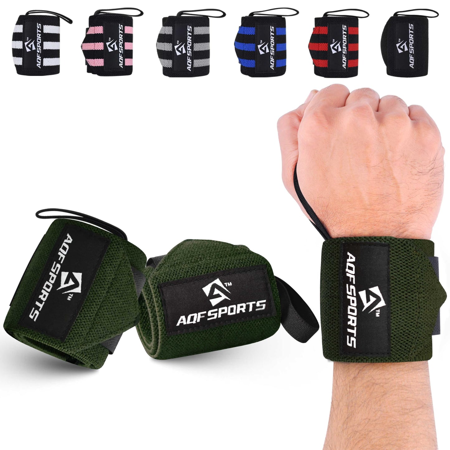 AQF Power Weight Lifting Wrist Wraps Supports with Thumb Loop for Gym Strength Training, Powerlifting, Bodybuilding and Deadlifts (Military Green, 18")