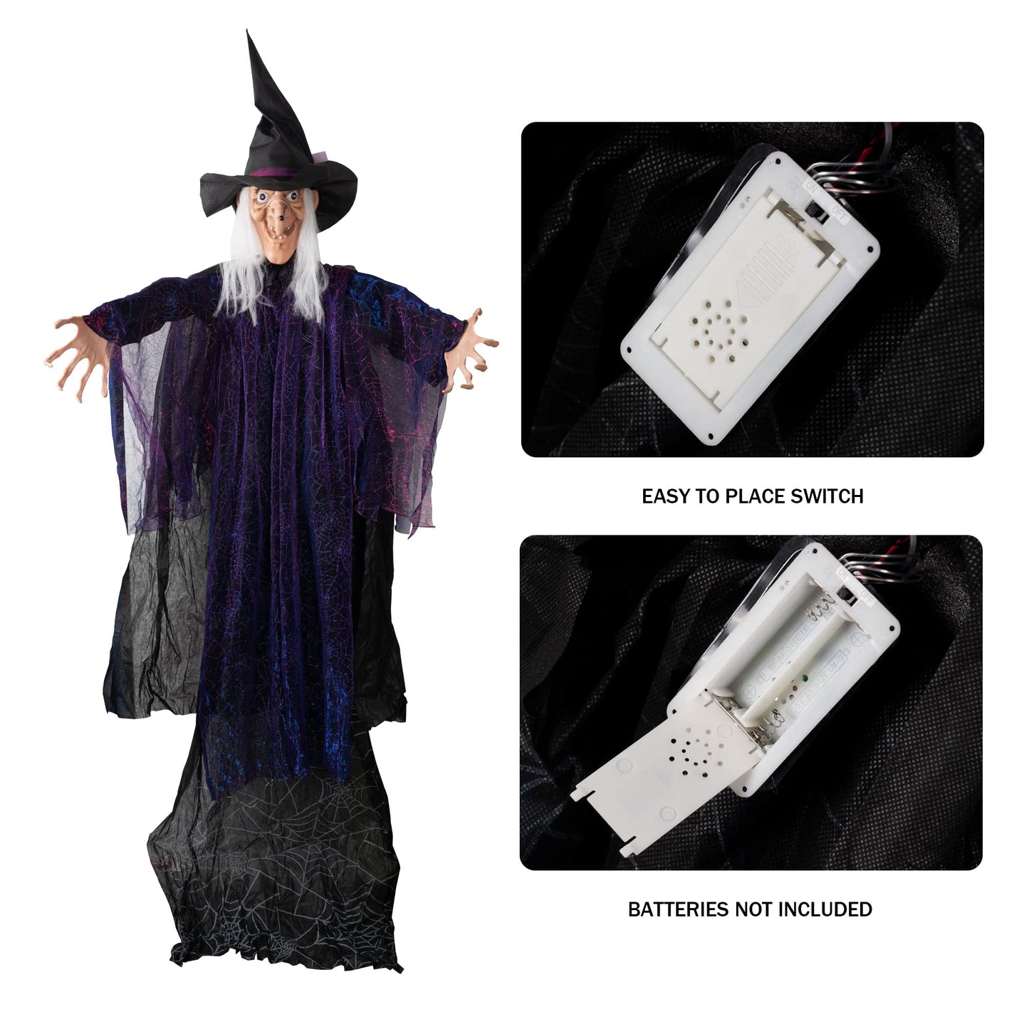 FUNPENY 6 FT Hanging Witch Outdoor Halloween Decorations, Light Up Hanging Witch with Sound Activation for Halloween Haunted House Props Party Supplies Yard Outdoor Indoor Decor