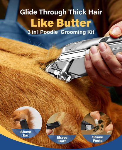 oneisall Dog Clippers & Paw Trimmer 3 in 1 Grooming Kit, Dog Clippers Professional for Thick Hair with Stainless Steel Blade, IPX7 Waterproof Cordless Pet Shaver