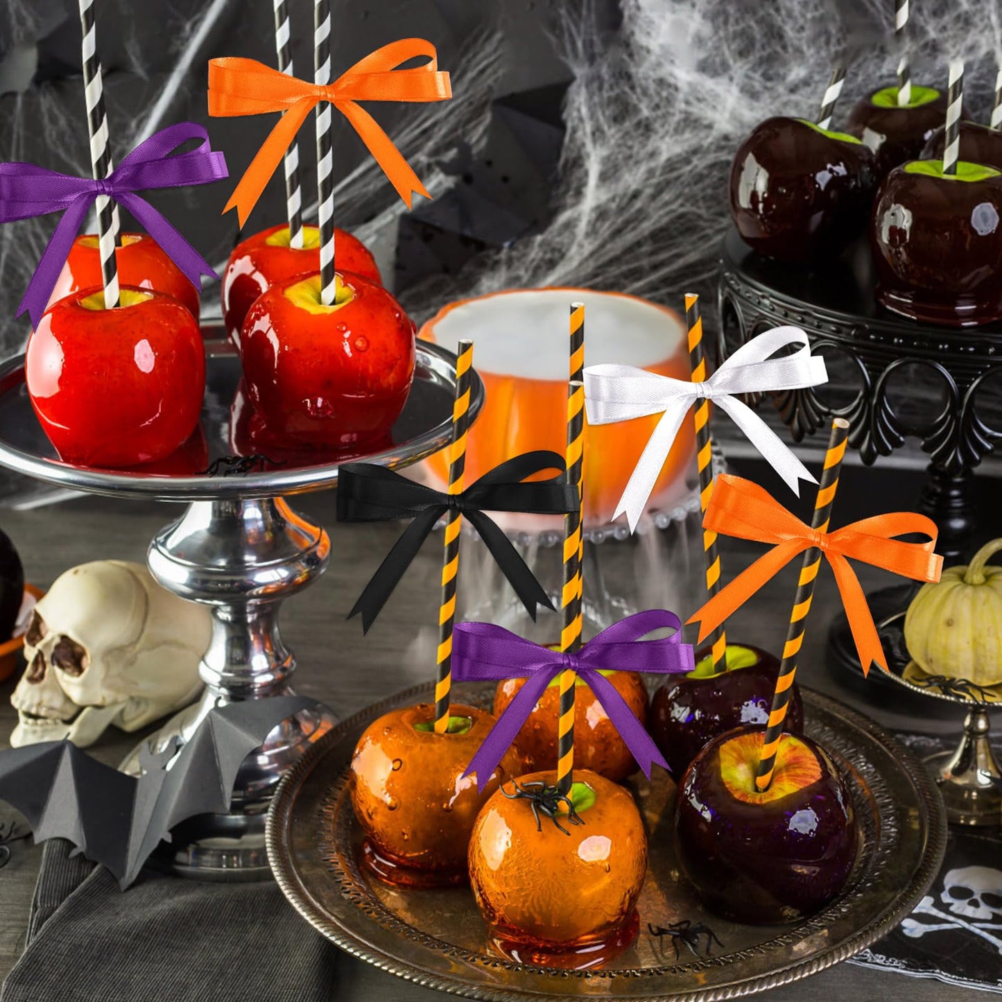 DECYOOL Halloween Ribbons, 4 Rolls 100 Yards Halloween Satin Ribbons 10mm Wide Holiday Gift Wrapping Ribbon for DIY Bows Party Decoration (Orange, Black, Purple, White)