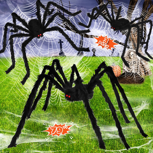 Apfity Halloween Spider Decorations (3 Pack), Realistic Scary Giant Spiders Fake Hairy Large Spiders Props for Indoor Outdoor Halloween Decorations Lawn Yard Party Creepy Decor (79", 59”, 35”)