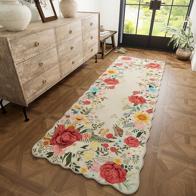Kitchen Rug Runners for Hallways: 2'6''x8' Washable Runner Rugs for Kitchen Ultra Thin Stain Resistant Non Slip Low Pile Lightweight Vintage Floral Carpet for Laundry Room Decor (Beige)