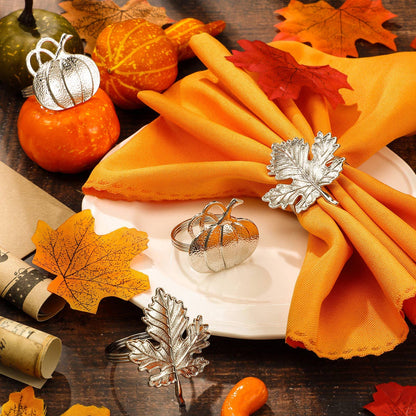 Patelai 12 Pieces Thanksgiving Napkin Ring Set Pumpkin Maple Leaf Fall Leaf Rings Halloween Napkin Holders Ring Kit for Thanksgiving Halloween(Maple and Pumpkin,Silver)