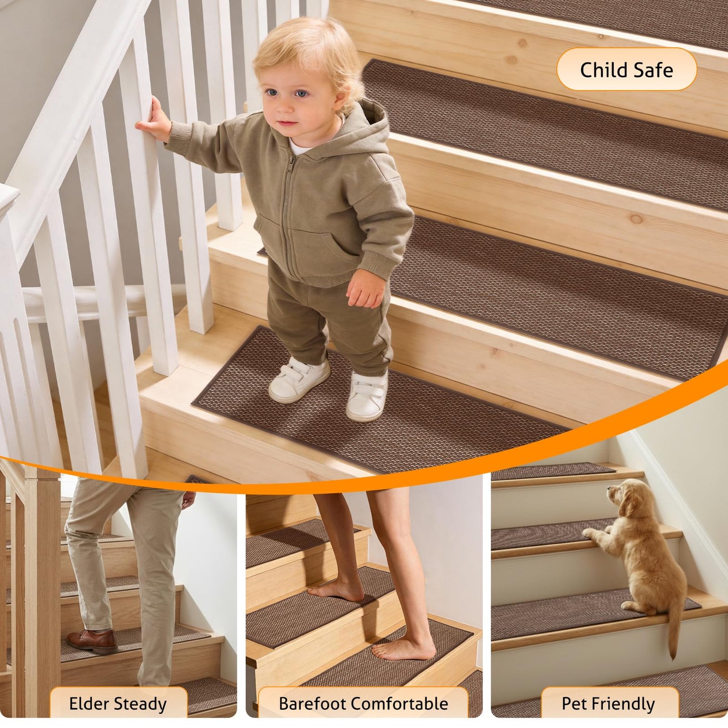 WICHEMI 9"x30"Stair Treads Non Slip Indoor, 15 Pack Stair Runner Carpet, Stair Covers for Wood Stairs with Reusable Adhesive for Kids Seniors Pets, Brown