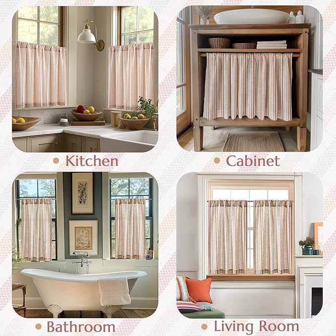 jinchan Colorful Striped Linen Kitchen Curtains 36 Inch Christmas Tier Curtains Farmhouse Modern Cafe Small Window Treatments Light Filtering Rod Pocket for Living Room Bathroom 2 Panels Multi Red