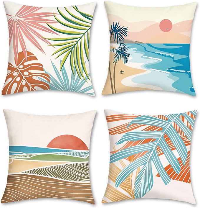 Bonhause Modern Tropical Summer Pillow Covers 18x18 Inch Set of 4 Palm Leaves Beach Decorative Pillows Case Soft Velvet Tropical Outdoor Decoration for Patio Garden Bed Home Decor