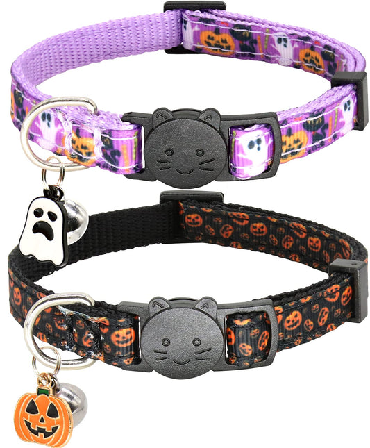 Giecooh 2 Pack Cat Collar Breakaway with Bells, Adjustable Cute Tribal Pattern Kitten Safety Collars for Boys & Girls, Purple + Black