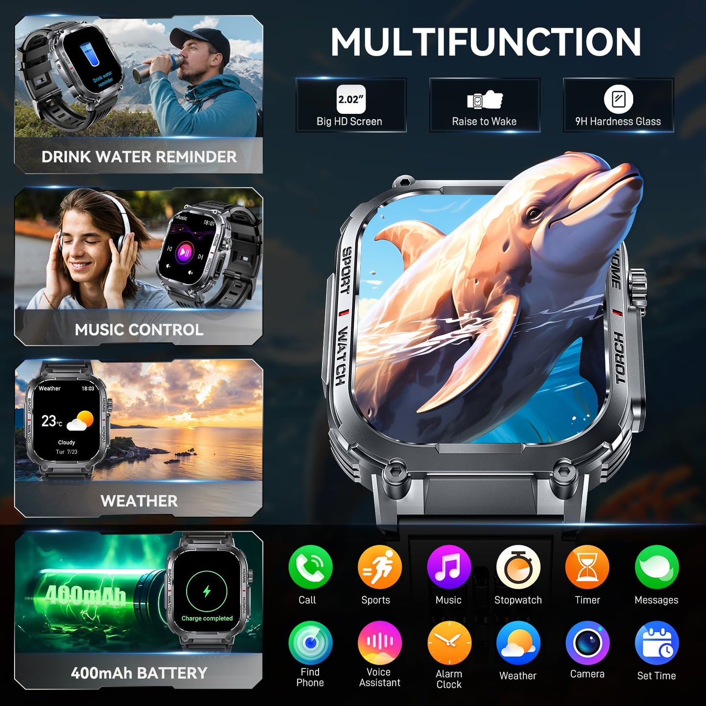 Bassizo Military Smart Watch for Men 3ATM Waterproof with Call/LED Flashlight 2.02" HD Big Screen Rugged Tactical Smartwatch with Compass Fitness Tracker with HR/SPO2/Sleep Monitor for iPhone Android