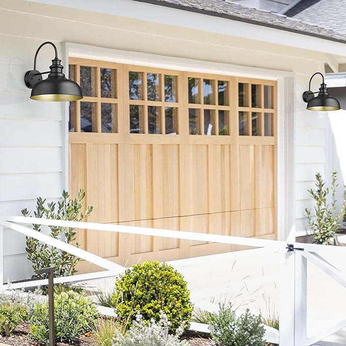 Bestshared Gooseneck Barn Light 14 Inch Dome Farmhouse Outdoor Wall Sconce,Exterior Wall Mount Lighting Fixture Outdoor Lantern Lamp for Front Door, Entryway,Patio,Garage (Black+ Gold, 14” Dome-2Pack)