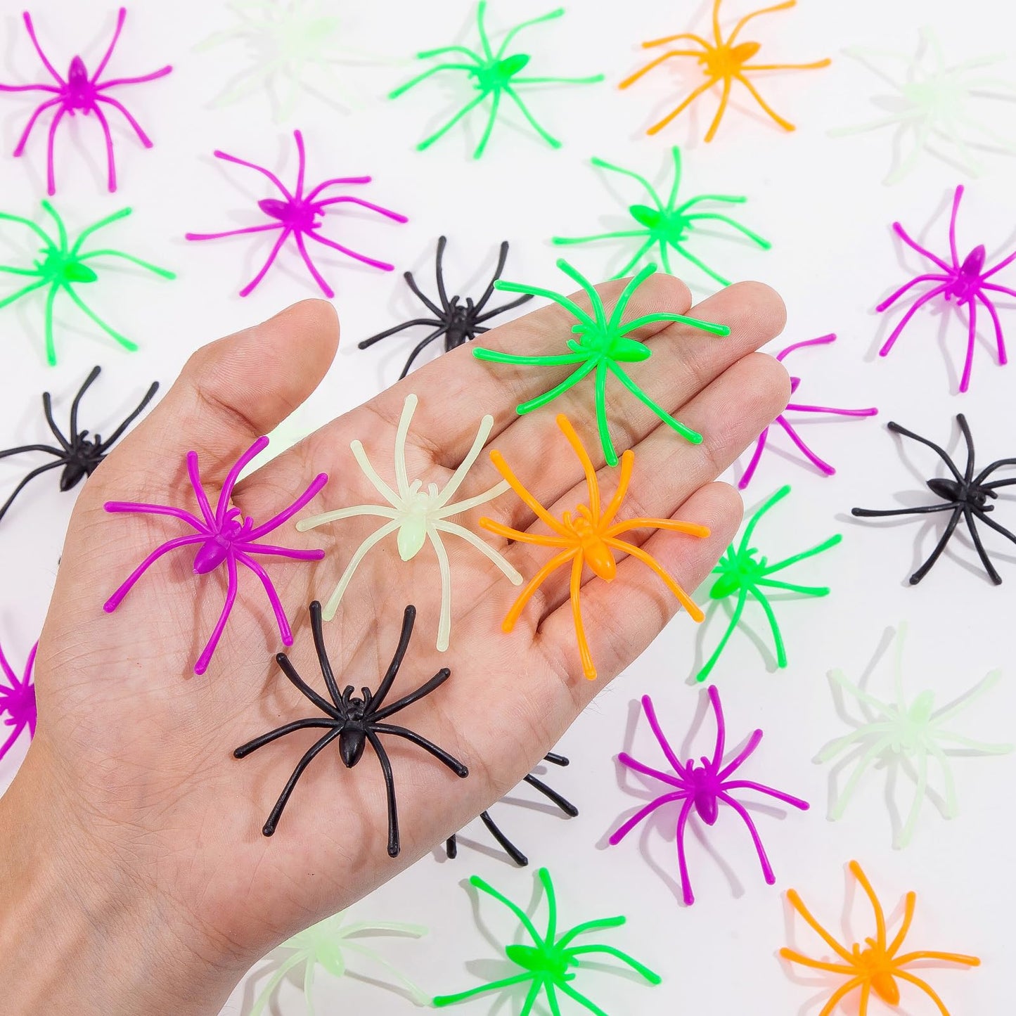 150PCS Plastic Spiders Halloween Small Plastic Spiders Fake Spiders Realistic Spider Toys Prank Props for Home and Party Decor, 2 x 1.8 Inches, Black, Green, Orange, Purple, Glow in The Dark Spiders