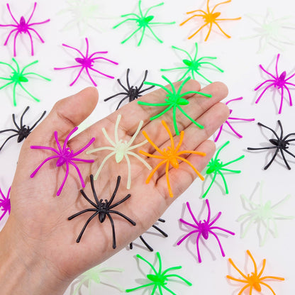 150PCS Plastic Spiders Halloween Small Plastic Spiders Fake Spiders Realistic Spider Toys Prank Props for Home and Party Decor, 2 x 1.8 Inches, Black, Green, Orange, Purple, Glow in The Dark Spiders