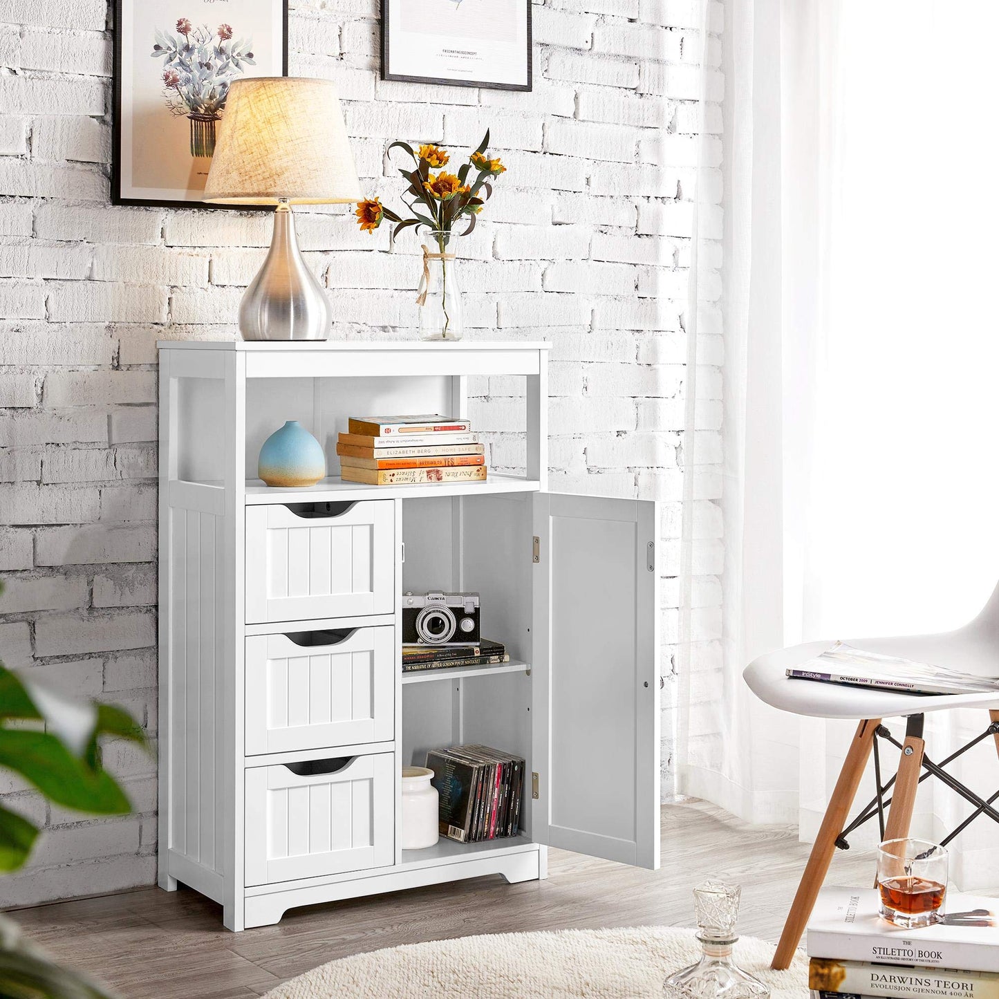 Yaheetech Bathroom Storage Units with Open Storage Shelf Free-standing Floor Cabinets Sideboard with 3 Drawers and 1 Door, Adjustable Shelf for Living Room Kitchen Entryway White