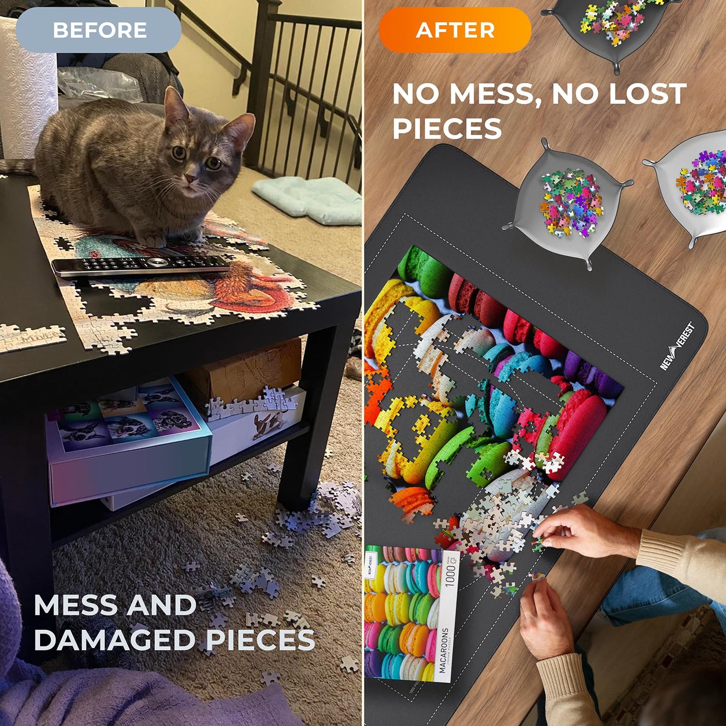 The Original Newverest Jigsaw Puzzle Mat Roll Up, Saver Pad 46” x 26” Portable Keeper Up to 1500 Pieces with Non-Slip Rubber Bottom & Smooth Top + 3 Puzzle Sorting Trays & Travel-Friendly Storage Bag
