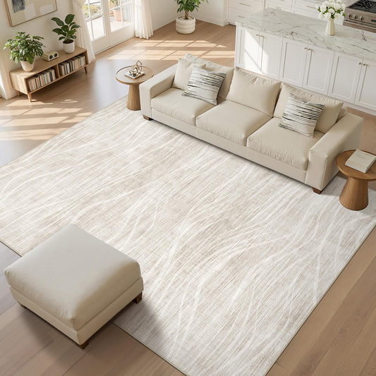 WITSHOCK Washable Rugs 8x10 Modern Area Rugs, Thin Rug for Living Bedroom Dining Room Nursery Kitchen Office, Wave Striped Rugs Indoor Carpet Soft Non Slip Stain Resistant Home Decor, Beige