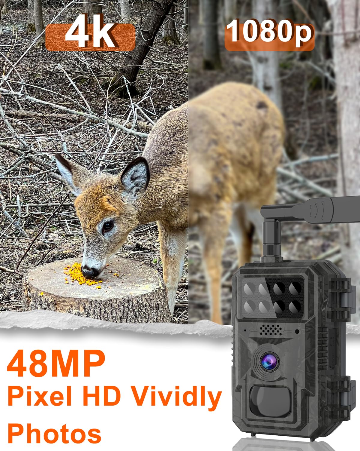 Vatony 4G Cellular Trail Camera-with 4K 48MP Wide Angle 120 Degree,Night Vision up to 100FT, Solar Powered Hunting Camera with SD Storage, IP68 Waterproof, Motion Activated Wildlife Camera