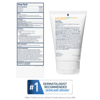 CeraVe Hydrating Sheer Sunscreen with SPF 30 for Face and Body, Mineral & Chemical Sunscreen for Men & Women with Zinc Oxide, Hyaluronic Acid and Ceramides, Paraben-Free + Fragrance-Free, 3 Ounces