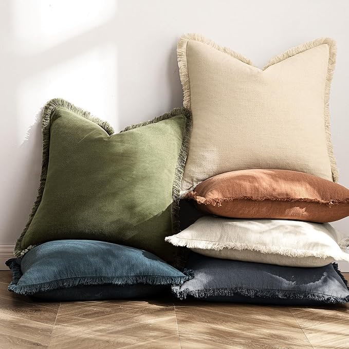 MIULEE Decorative Throw Pillow Covers Neutral Linen Fringe Throw Pillows Euro Shams Set of 2 Dark Grey Boho Farmhouse Cushion Covers for Couch Sofa Bed Living Room Spring Home Decor 24x24 Inch