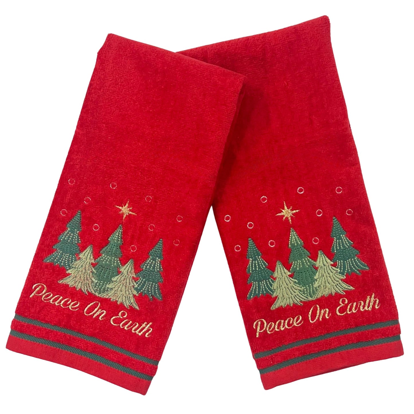 Serafina Home Christmas Hand Towels for Bathroom – Set of 2 Red 100% Cotton Embroidered Christmas Trees & “Peace On Earth” Phrase Design – 25 x 16” Decorative Holiday Bath & Kitchen Towels