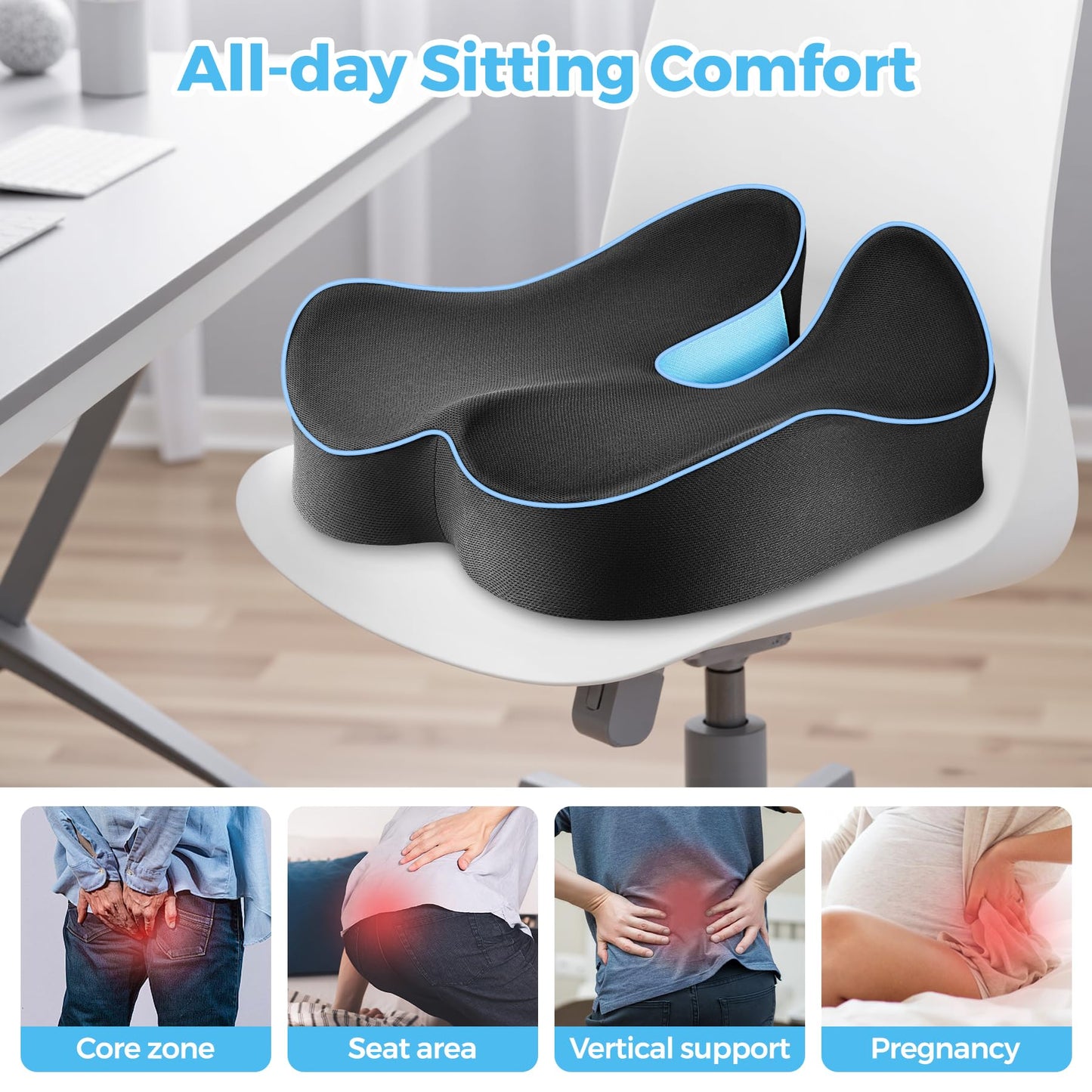 POOTACK Seat Cushions, Comfort Memory Foam Office Chair Cushion, Ergonomic Support Desk Chair Cushions Seat Pad for Office Chair/Car Seat/Wheelchair/Gaming Chairs, Large & Non-Slip