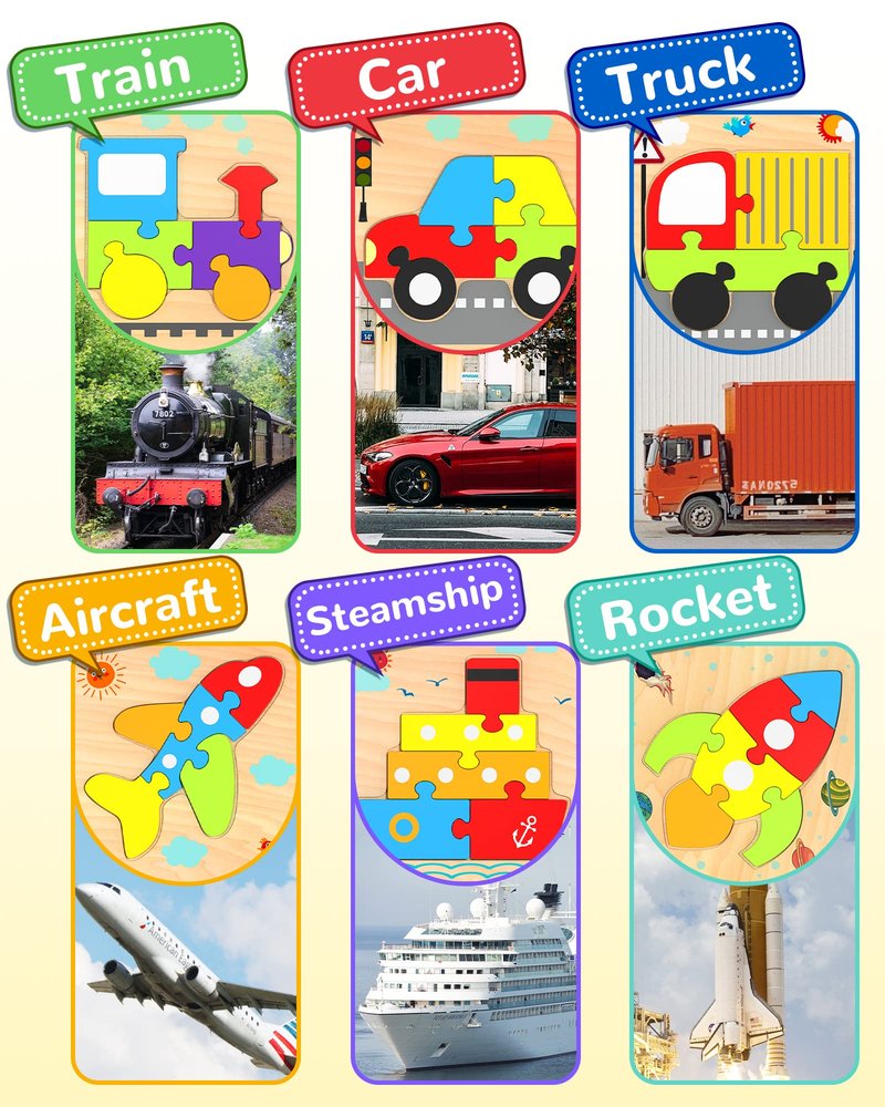 Yetonamr Wooden Toddler Puzzles Gifts Toys for 1 2 3 Years Old Boys Girls, 6 Vehicle Shape Montessori Toys Educational Blocks Kids Toys Gift Baby Learning Toy Age 1-3, 2-4