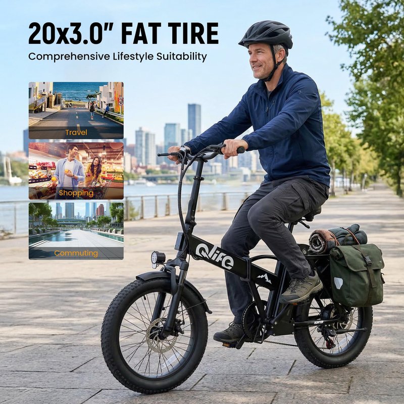 Qlife Hunter Foldable Electric Bike for Adults, Peak 1200W Ebike with 48V 13.5Ah Battery, 65-Mile Range, Heavy-Duty Rear Rack, 20-Inch Fat Tires, Folding E Bike for Commuting & Outdoor Use