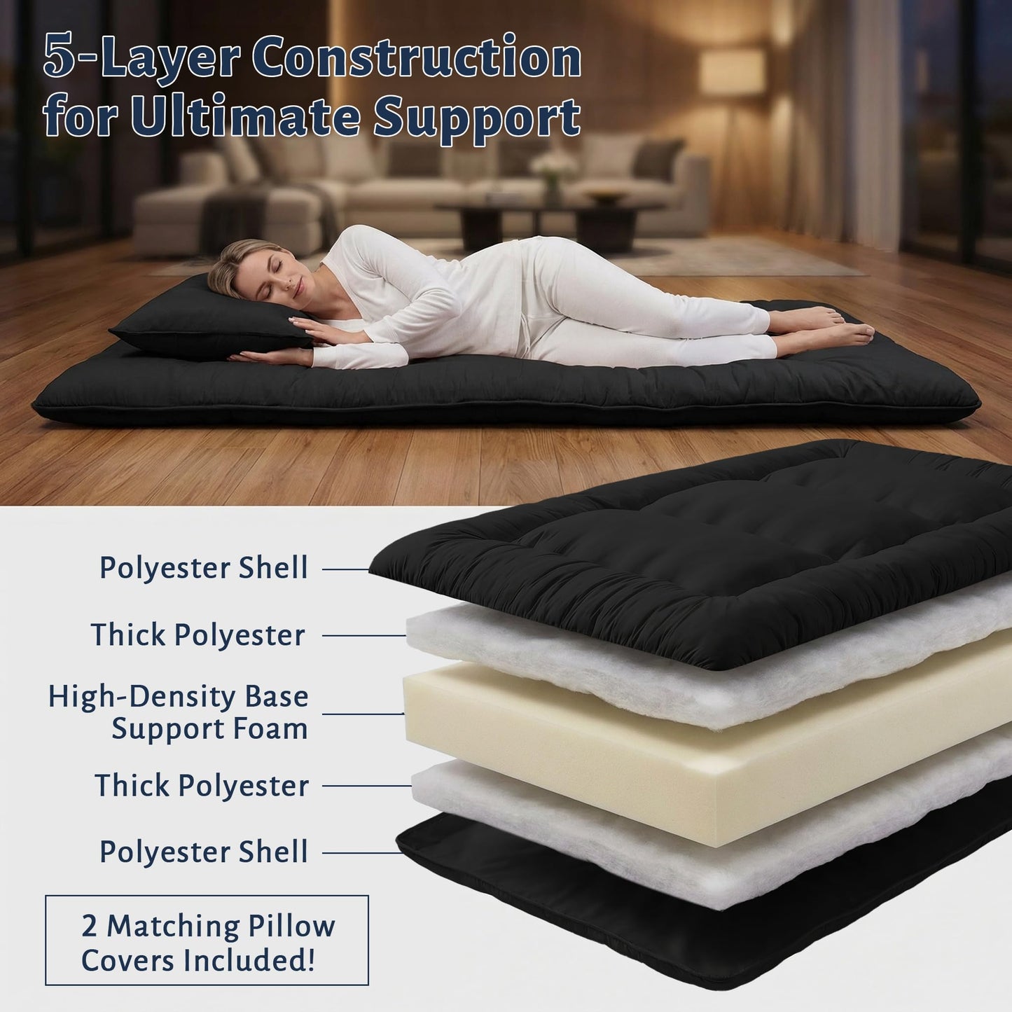 Cosovia Japanese Floor Mattress Futon Mattress, 3.5 Inch Thick Foldable Roll Up Tatami Mat with 2 Pillow Covers, Twin Size Floor Bed for Guest Room Dorm Camping Kids, Black