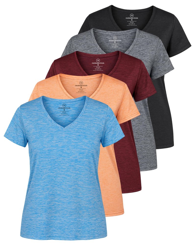 Real Essentials 5 Pack: Women's Dry-Fit Short Sleeve V Neck T Shirt Workout Fitness Yoga Top Tee (Available in Plus Size), Set 2, 3X