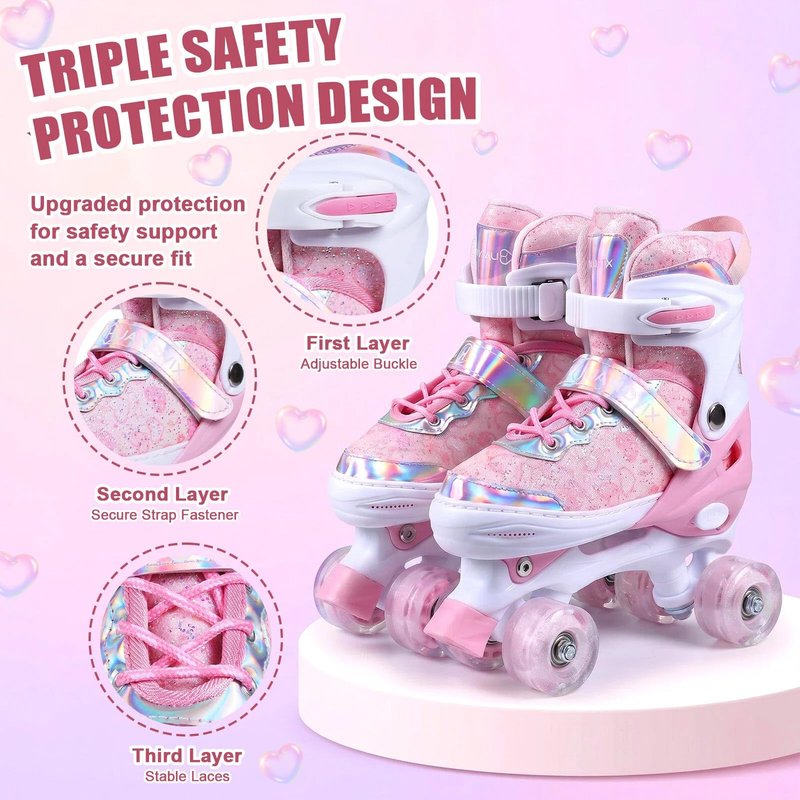 HUANOVIX 4 Sizes Adjustable Kids Roller Skates for Girls Boys Toddlers Youth Teens, 4‑Wheel Quad Skates with All Light Up Wheels, for Indoor Outdoor Sports