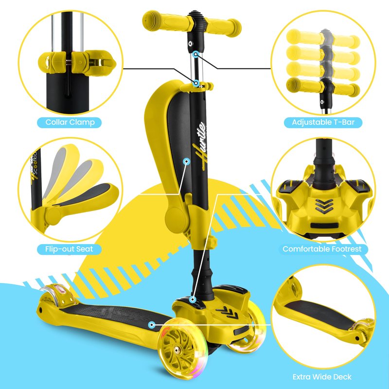 Hurtle 3 Wheeled Scooter for Kids - 2-in-1 Sit/Stand Child Toddlers Toy Kick Scooters w/ Flip-out Seat, Adjustable Height, Flashing Wheel Lights, Great for Indoor/Outdoor Fun, Yellow