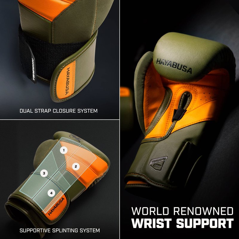 Hayabusa T3 Boxing Gloves for Men and Women Wrist and Knuckle Protection, Dual-X Hook and Loop Closure, Splinted Wrist Support, 5 Layer Foam Knuckle Padding - Green/Orange, 14oz