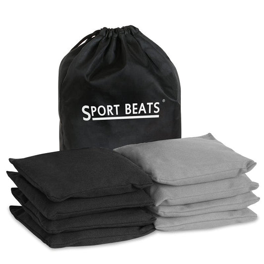 SPORT BEATS Cornhole Bags Set of 8 - Regulation Size & Weight Bean Bags, Heavy Duty Double-Stitched Canvas for Tailgating, Outdoor Backyard Game Accessories with Carry Tote Gray & Black
