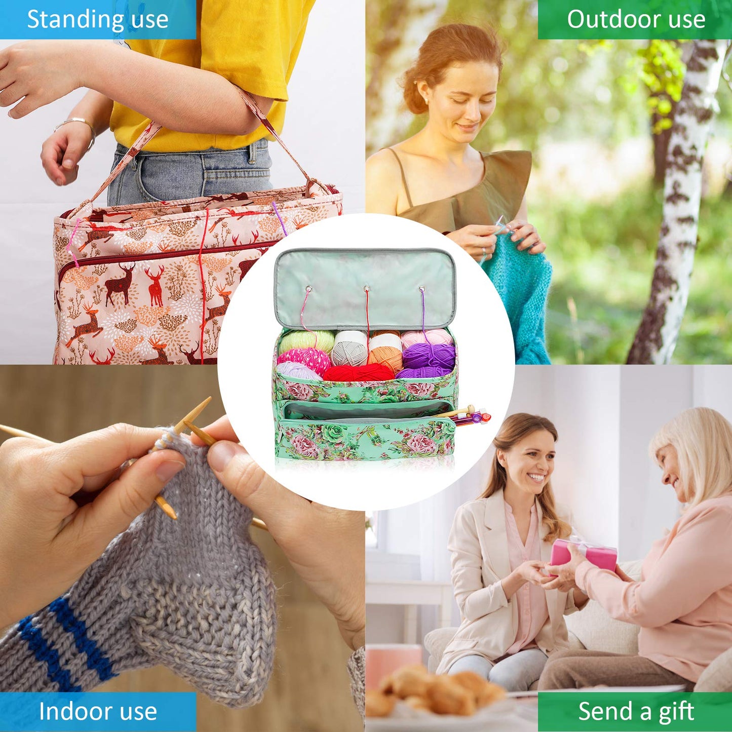 Ousuga Knitting Bag for Yarn & Wool Storage, Portable Crochet Knitting Needles Case & Sewing Tools with Pocket and Holder for Knitting Needles and Tools