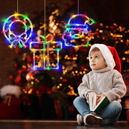 LOLStar Christmas Window Decorations 3 Pack Wreath Gift Box Santa Claus Christmas Window Lights with Suction Cups, Battery Operated Xmas Lights Decors, 2024 Upgrade Slow Fade Mode and Timer Function