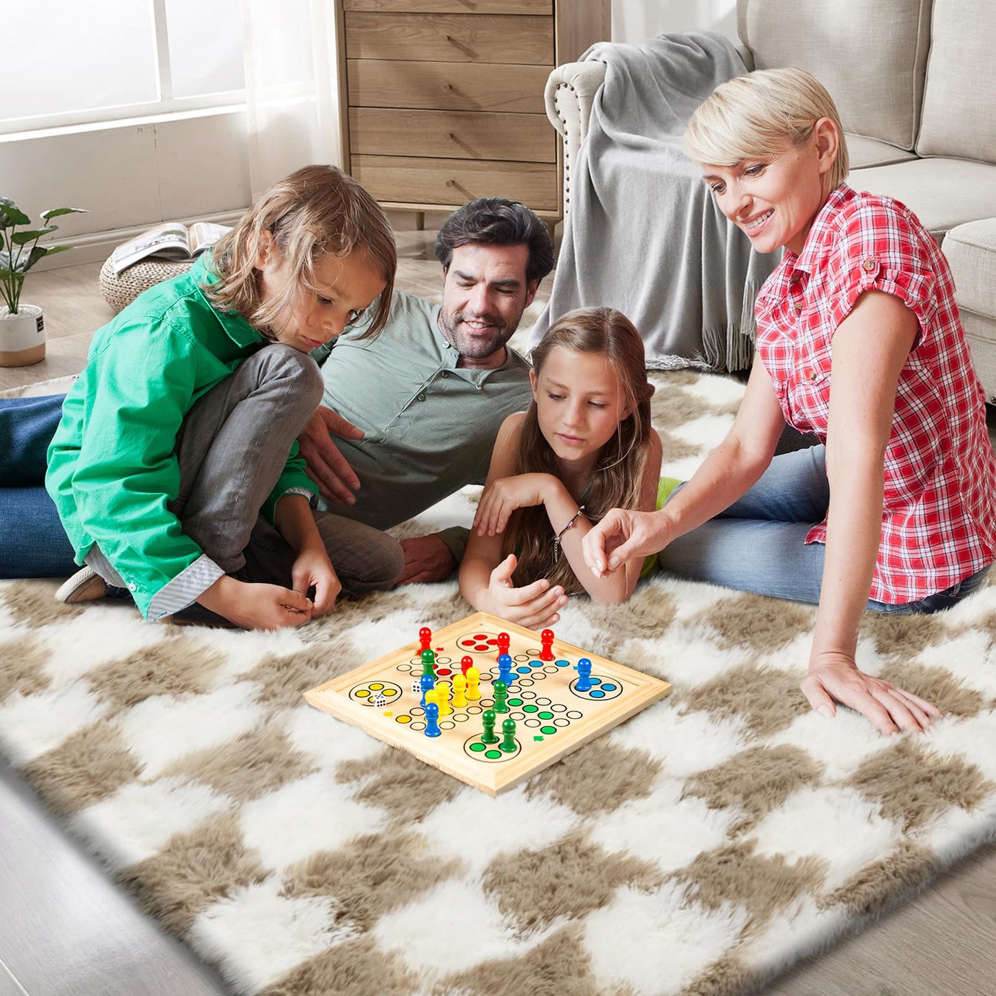 Checkered Area Rugs for Living Room 8x10, Fluffy Beige and White Checkered Rug Fuzzy Shag Shaggy Carpets for Bedroom, Soft Plush Furry Rug for Teen Room Dorm Home Decor