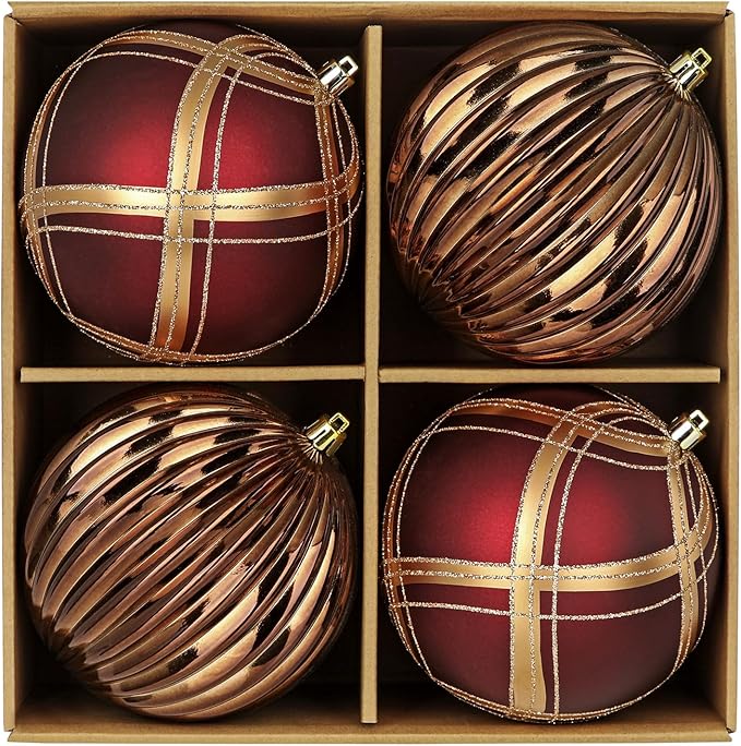 4.7" Large Plastic Christmas Balls Ornaments Set of 4, Glitter Shatterproof Christmas Bulbs Ornaments for Xmas Tree Decorations, Burgundy & Bronze Ornament for Tree,Mantel,Garland,Winter,Party Decor