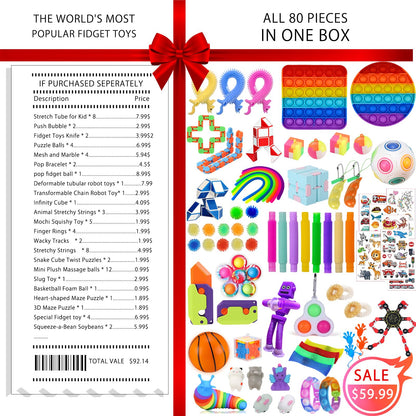 80 Pack Fidget Toys Pack,Pop Its Relieves Stress and Anxiety Sensory Toy for Kids Girls Adults ADHD,Christmas Party Favor,Classroom Rewards Prizes,Pinata Stuffers,Bulk Rewards Boxfor Boys and Girls