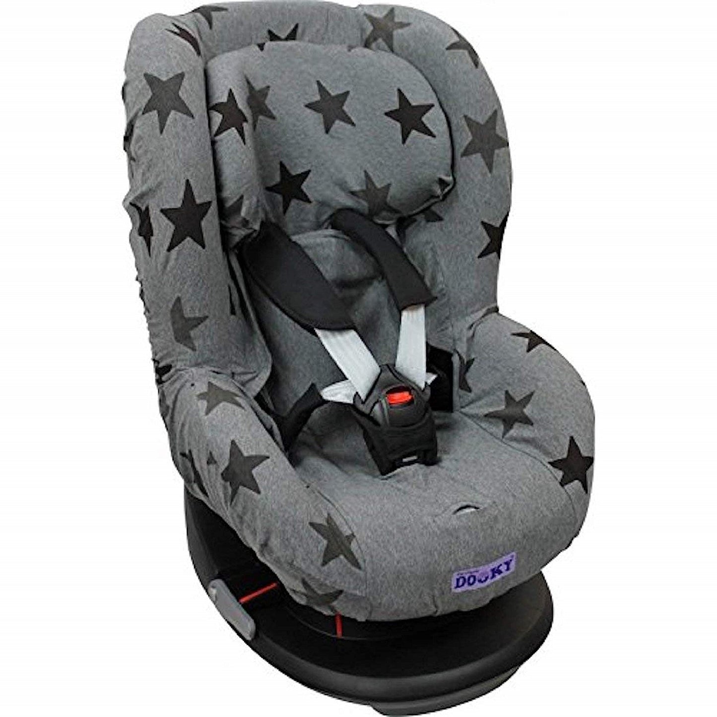 Dooky Seat Cover, Separate Headrest Cover Included, Universal Size, Fits Most Baby Car Seats with 5 Point Belts, 95 Percent Cotton and 5 Percent Lycra, Washable, Group 1+ yrs (9-18 kg), Grey Stars