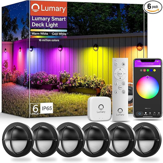 Lumary 6 Pack 12-24V Low Voltage Deck Lighting with Hub, 4 Inch Smart Outdoor Step Light Waterproof, 2200K-6500K RGBCW Color Changing Landscape for Deck, Fence, Stair, Work with Alexa/Google Assistant