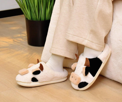 Boonble Fuzzy Cow Slippers for Women Men Adults, Fluffy Plush and Cozy House Shoes for Indoor Outdoor Bedroom, Warm Furry Cotton Slipper Open Heel for Winter Spring Fall 5.5-6.5