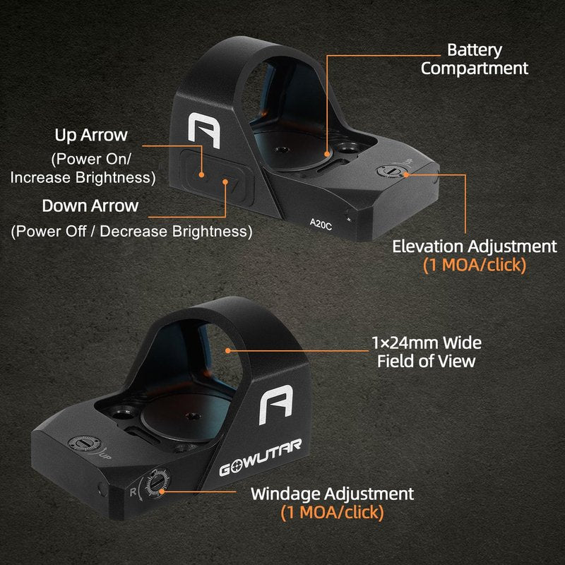 GOWUTAR A20C Multiple Reticles Red Dot Sight - RMR Footprint Red Dot Optic with Shake Awake Function / 2 MOA Dot & 38 MOA Circle Pistol Reflex Sights Designed for Full-Sized Handguns