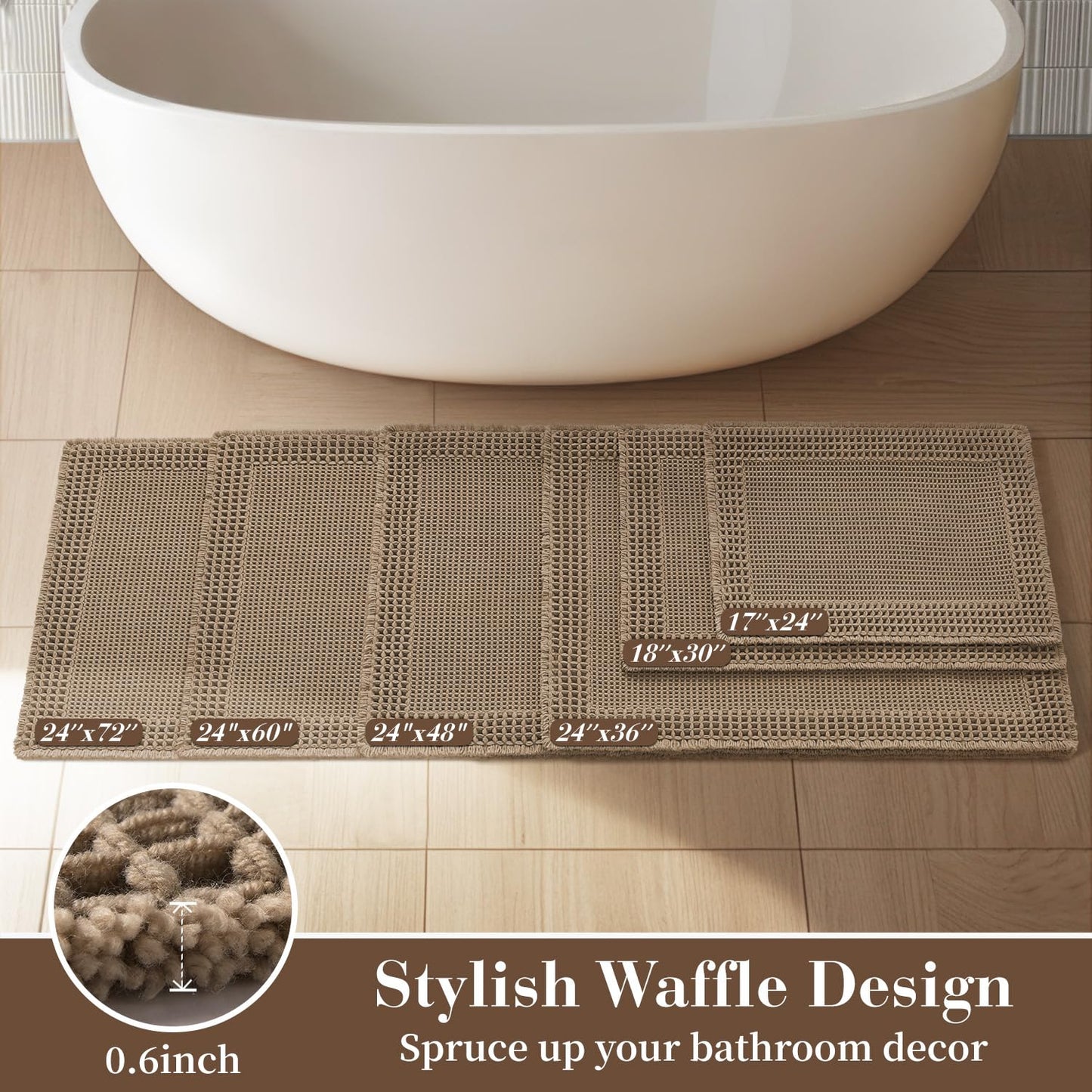 RESARE Waffle Bath Mat for Bathroom, Super Absorbent Bathroom Rugs Non Slip Machine Washable, Ultra Soft Quick Dry Boho Bath Rugs with Tassels, Farmhouse Home Decor Accessories, 17"x24" Brown
