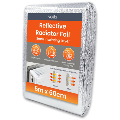 Radiator Foil 5m x 60cm - 1 Pack Folded Radiator Reflector Panels for Enhance Heat Efficiency - Energy Saving Insulation Foil and Radiator Heat Deflector for Home Heating with Adhesive Pads