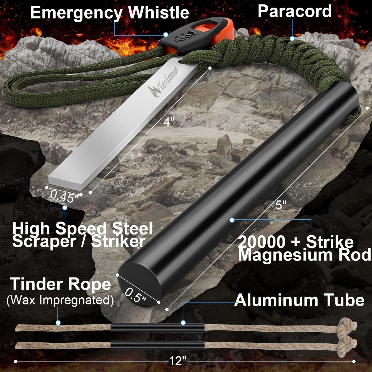 Ferro Rod Fire Starter Kit – 5" Flint and Steel with Two Waxed Tinder Cord & Paracord for Camping, Hiking, Outdoor Survival, Emergency Preparedness